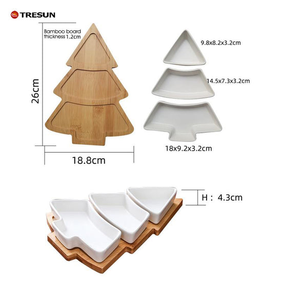 2 Sets Christmas tree shaped ceramic snack plate with bamboo plate