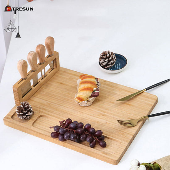 Bamboo cheese board with knife and fork set