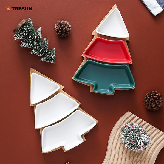 2 Sets Christmas tree shaped ceramic snack plate with bamboo plate