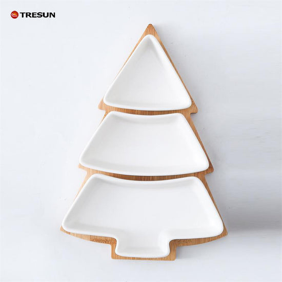 2 Sets Christmas tree shaped ceramic snack plate with bamboo plate