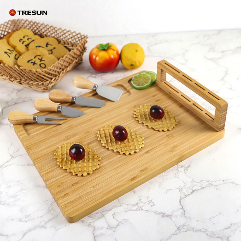 Bamboo cheese board with knife and fork set