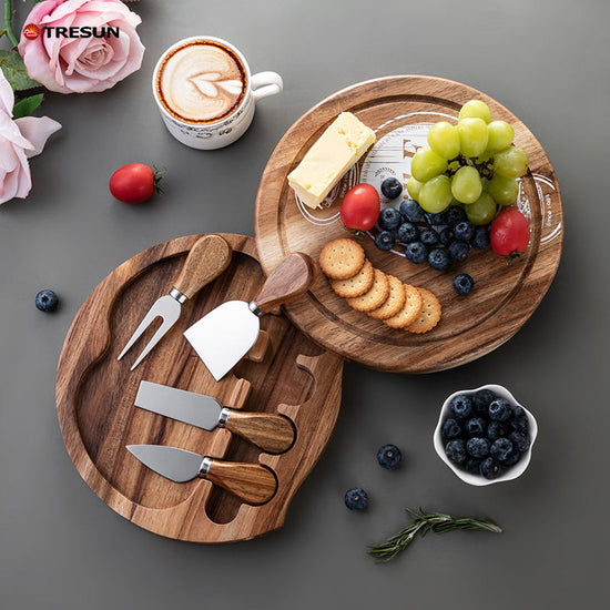 Acacia round cheese board with cheese knife set