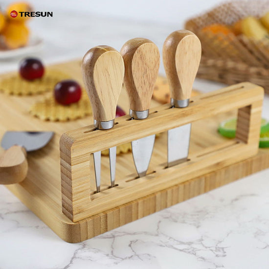 Bamboo cheese board with knife and fork set