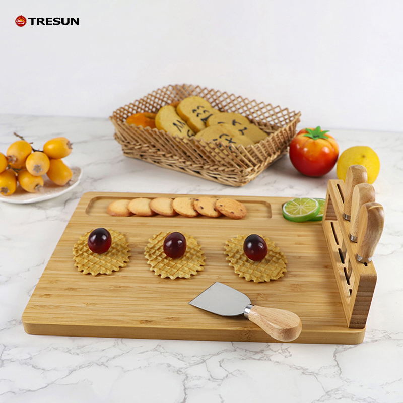 Bamboo cheese board with knife and fork set