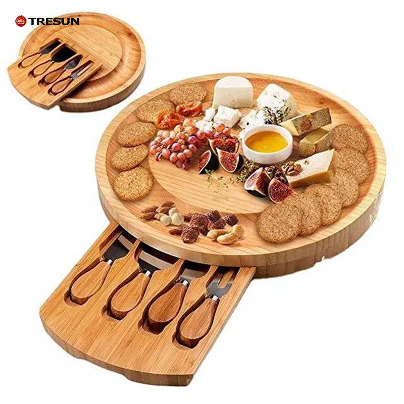 Bamboo and wood round cheese board and cheese knife set