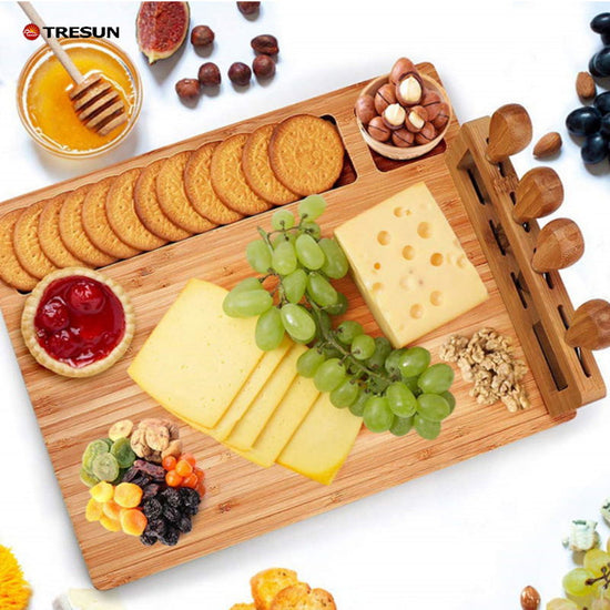 Bamboo cheese board with knife and fork set