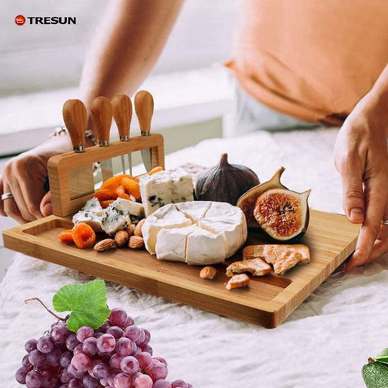 Bamboo cheese board with knife and fork set