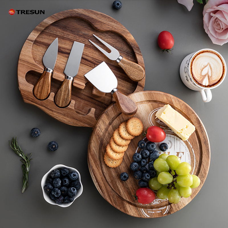 Acacia round cheese board with cheese knife set