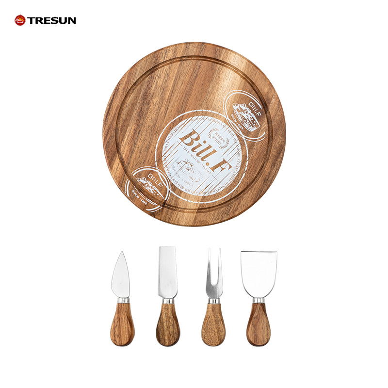 Acacia round cheese board with cheese knife set